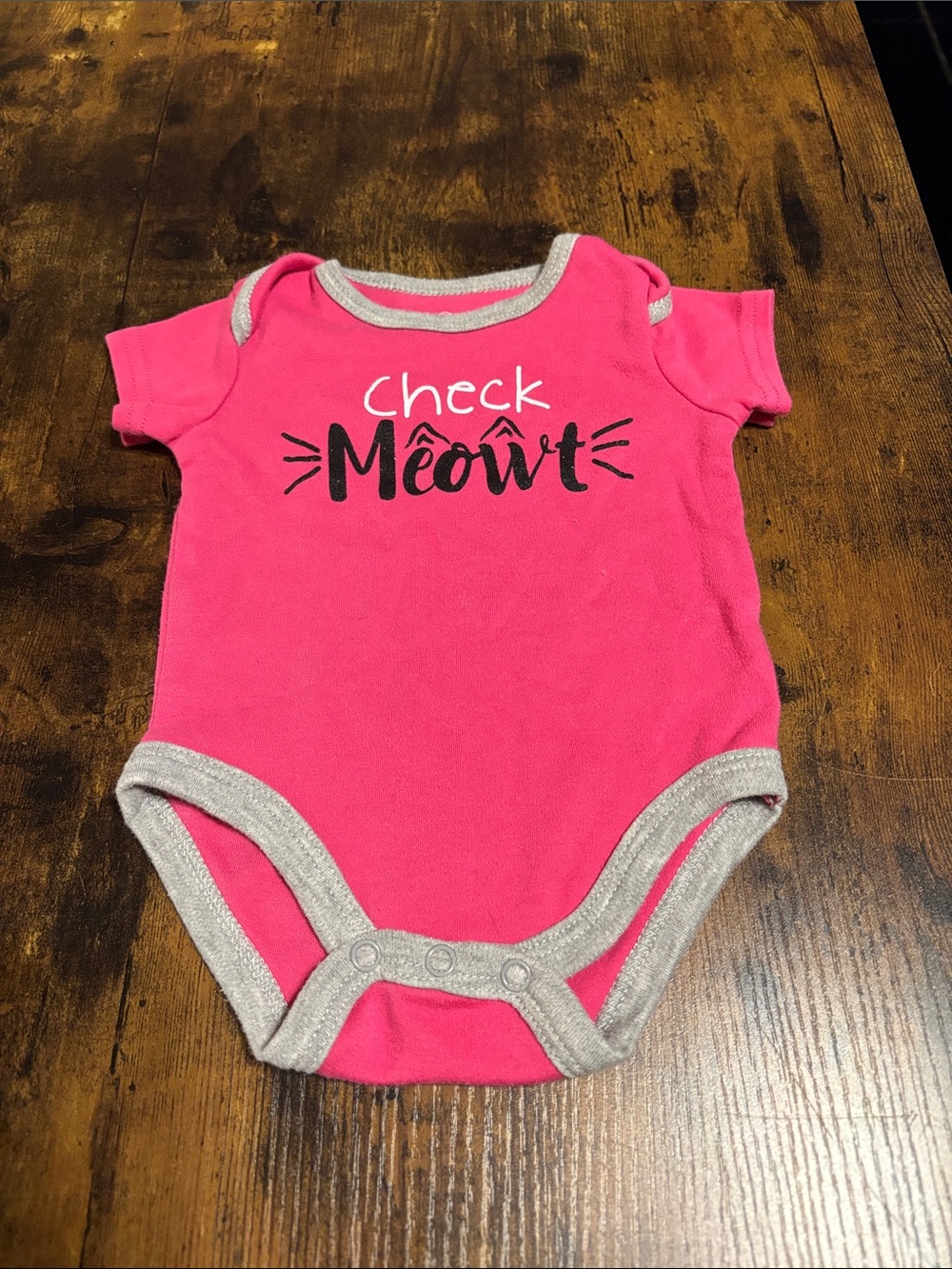 Baby Essentials Pink One-Piece Bodysuit with Silver Trim - "Check Meowt"